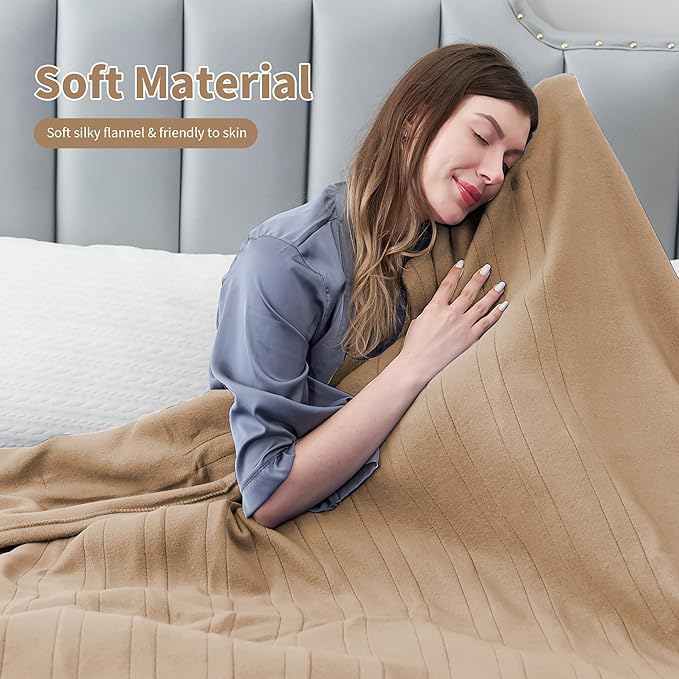 Electric Heated Blanket Full Size 72"x84",Fast Heating Throw, Soft Fleece for Bed & Sofa, 10 Hours Auto Off & 4 Heating Levels, Machine Washable, Gifts for Grandma & Family-Light Brown