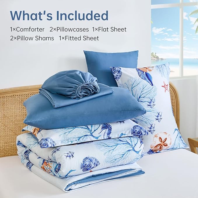 WONGS BEDDING Coastal Queen Comforter Set, 7 Pieces Beach Themed Ocean Sand Dollor & Starfish Pattern Bed in a Bag, Summer Bed Comforter Bedding Set(90"×90")