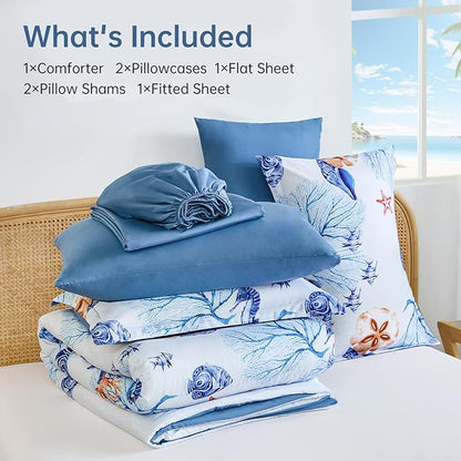 WONGS BEDDING Coastal Queen Comforter Set, 7 Pieces Beach Themed Ocean Sand Dollor & Starfish Pattern Bed in a Bag, Summer Bed Comforter Bedding Set(104"×90")