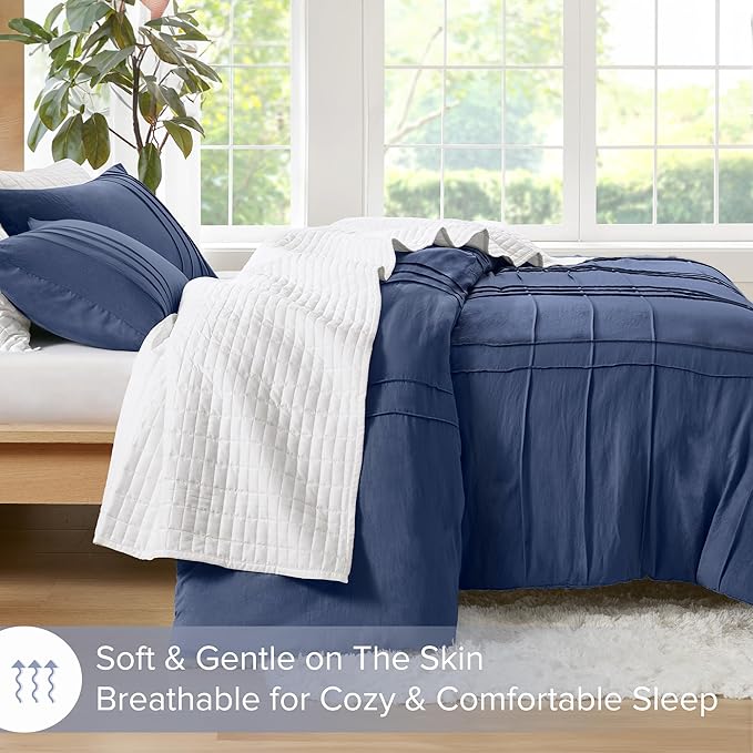 Comfort Spaces Navy Twin Size Comforter Set - 2 Pieces Pintuck Pleated Bedding Sets, All Season Lightweight, Extra Softness Pre-Washed Microfiber Twin Bed Set, Shams, Twin