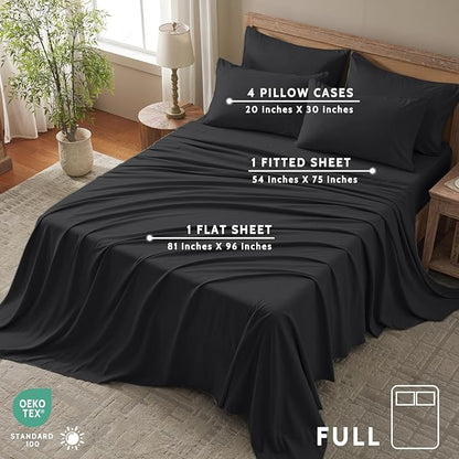 Full Size Bed Sheets - 6 Piece Soft Microfiber and Wrinkle Free Sheets - Easy Care, Extra Soft, Cooling Sheets - 1 Deep Pocket Fitted Sheet 1 Flat Sheet and 4 Pillowcases (Full Balck)