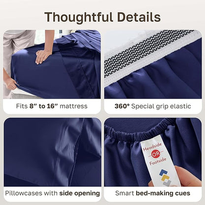 California Design Den Thick and Natural 100% Cotton Queen Bed Sheets Set - 1000 Thread Count Sateen Bedding Sheets & Pillowcases, Deep Pockets, Durable Bedding Set - Navy Blue