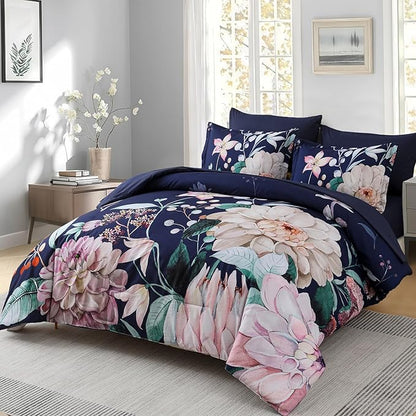 Drucon Navy Blue Comforter Set King Size - 7 Pieces Floral Bedding Sets, Soft Botanical Flowers Comforter Bed in a Bag with Sheets, Pillowcases & Shams
