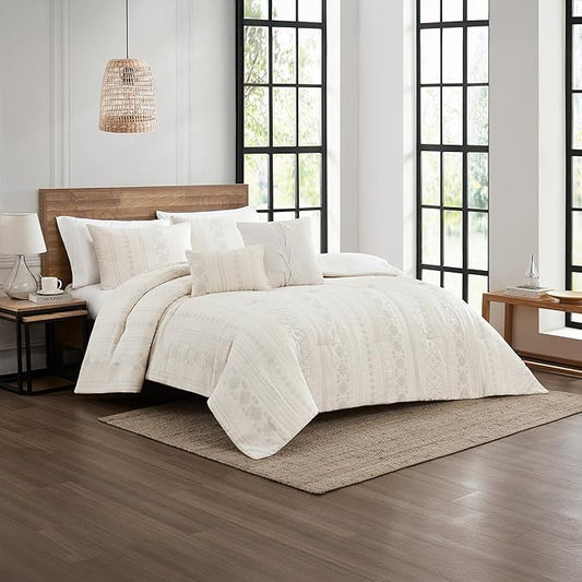Modern Threads Marcy Ivory Jacquard Comforter Set – 5 Piece Sandstone-Inspired Bedding with Decorative Pillows & Shams, Elegant Soft Textured Bed Set for All Seasons, King
