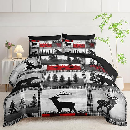 7 Piece Wildlife Bear Deer Queen Set Comforter，Rustic Cabin Queen Size Bedding Sets Comforter and Sheets