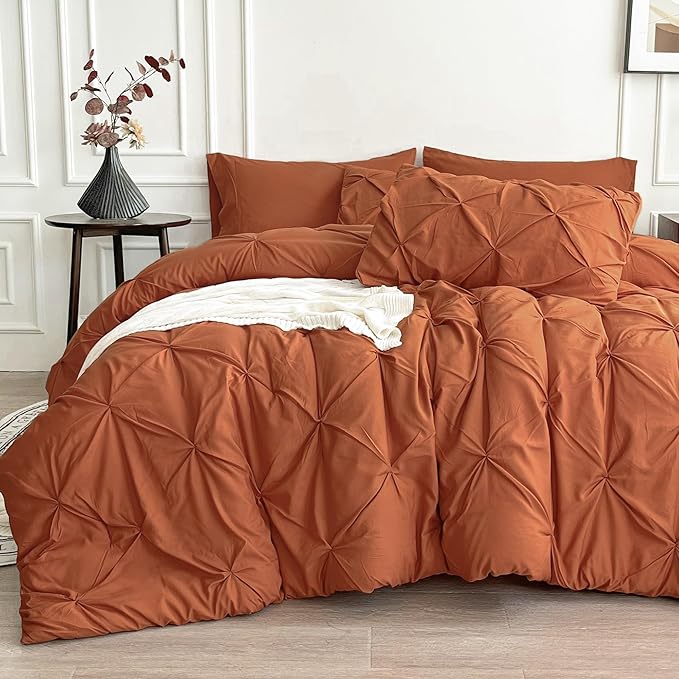 Maple&Stone Full Size Comforter Sets, 7 Pieces Bedding Sets Full, Pintuck Bed in a Bag Bed Set with Comforter, Sheets, Pillowcases & Shams - Burnt Orange