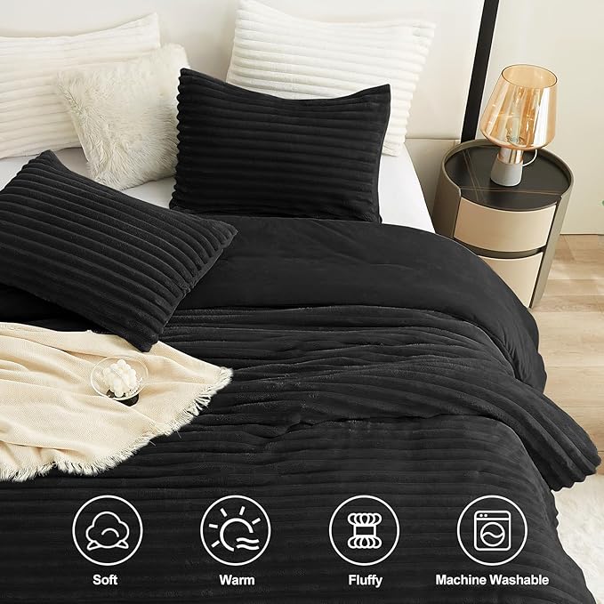 CozyLux Fluffy King Size Comforter Set - Super Soft Faux Fur Black Comforter King Size, Winter Warm Fleece Bedding Set, 3 Pieces Plush Fuzzy Bed Set (1 Shaggy Comforter, 2 Pillowcases)