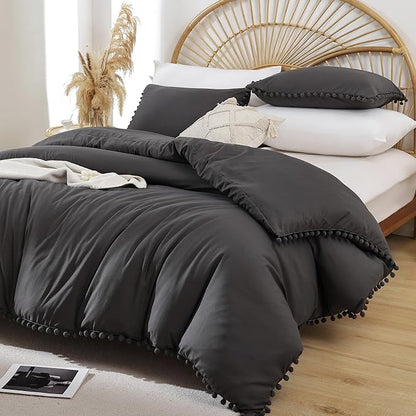YIRDDEO Full Size Comforter Sets - Full Size Comforter with Ball Pom Fringe, Soft Bedding Set for All Seasons - 3 Pieces, 1 Comforter (79"x90") & 2 Pillow Shams(20"x26"), Charcoal Grey