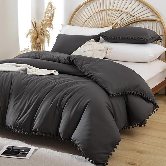 YIRDDEO Full Size Comforter Sets - Full Size Comforter with Ball Pom Fringe, Soft Bedding Set for All Seasons - 3 Pieces, 1 Comforter (79"x90") & 2 Pillow Shams(20"x26"), Charcoal Grey