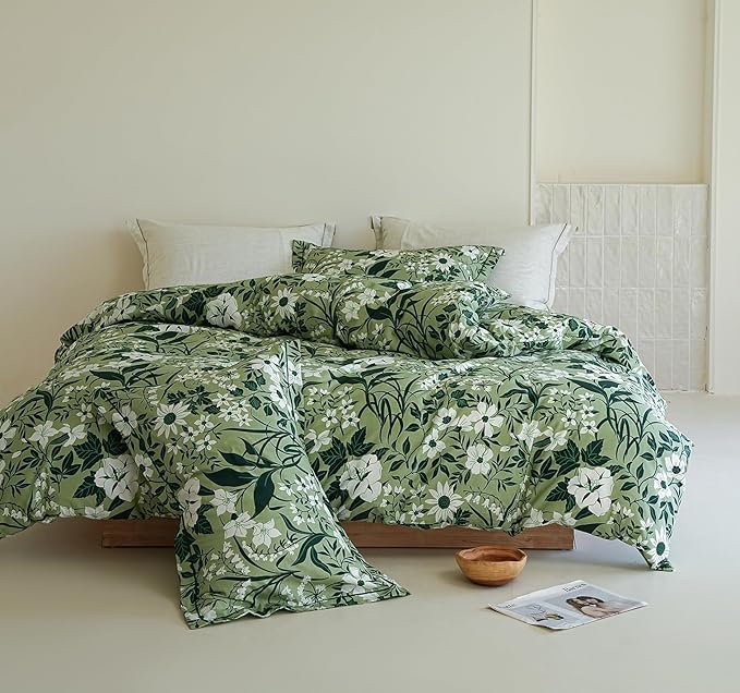 Cotton Queen Size Comforter Set, 3Pcs Garden Style Green Flower Print Botanical Comforter for All Seasons, Luxury Warmth Breathable Bedding Set with 1 Lightweight Comforter and 2 Pillow shams