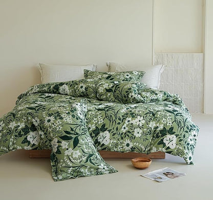 Cotton Queen Size Comforter Set, 3Pcs Garden Style Green Flower Print Botanical Comforter for All Seasons, Luxury Warmth Breathable Bedding Set with 1 Lightweight Comforter and 2 Pillow shams