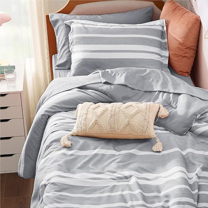 Bedsure Twin XL Comforter Set 5 Pieces, Grey Striped Bedding Set for All Seasons, Reversible, Cationic Dyeing Bed in a Bag with Comforter, Sheets, Pillowcase & Sham