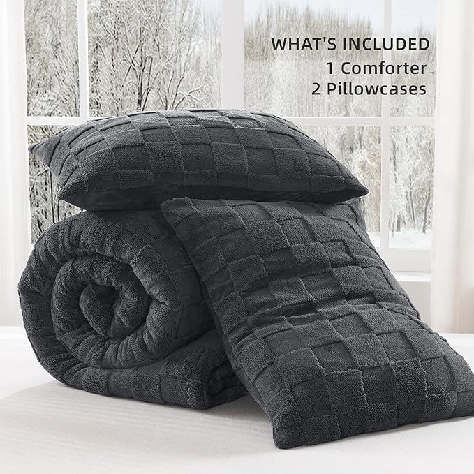 Litanika Fluffy Queen Size Comforter Set Dark Grey, 3 Pieces Warm Sherpa Fleece Winter Bedding Set, Jacquard Checkered Plush Fuzzy Bed Set(1 Comforter, 2 Pillowcases)