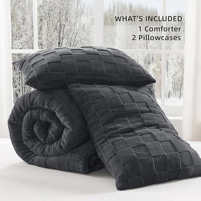 Litanika Fluffy Full Size Comforter Set Dark Grey, 3 Pieces Warm Sherpa Fleece Winter Bedding Set, Jacquard Checkered Plush Fuzzy Bed Set(1 Comforter, 2 Pillowcases)