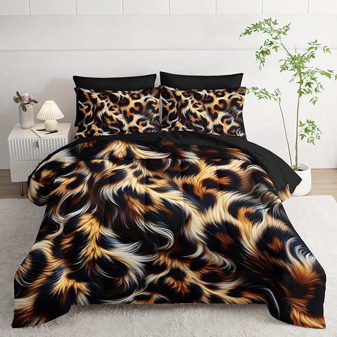 7 Piece Leopard/Cheetah Zebra Print Queen Size Comforter and Sheets Set，Leopard Print Bedding Set Queen，(1 Comforter, 1 Flat Sheet, 1 Fitted Sheet, 2 Pillowcase and 2 Pillow Sham)