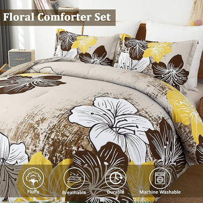 Menghomeus Brown Floral Comforter Set King Ombre Brown Bedding Lightweight Microfiber Bed Comforter for All Season, 3 Piece Flowers Comforter with 2 Pillowcases