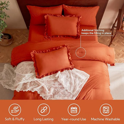MR&HM King Size Comforter Set Terracotta, Comforter Set 7 Pieces for Girls Women, Shabby Chic Vintage Cottagecore Bed Sets Elegance Boho Bed in a Bag, Ultra-Soft & Fluffy Comforter for All Season