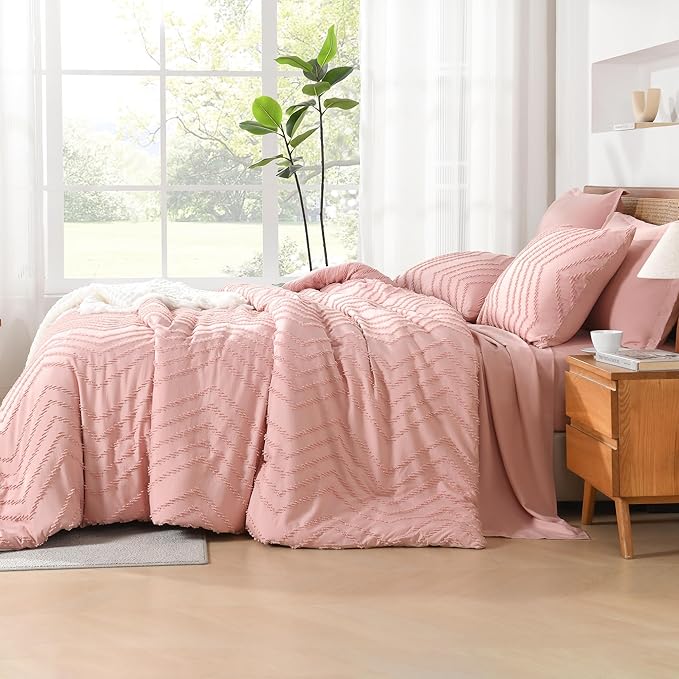 Litanika Blush Pink Full Size Comforter Set with Sheets - 7 Pieces Bed in a Bag Full Boho Tufted Complete Bedding Sets with Comforter, Sheets, Pillowcases & Shams