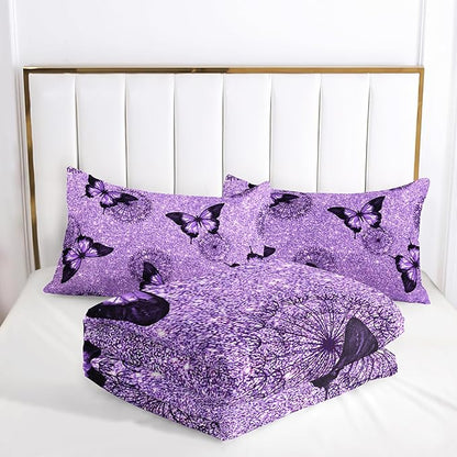 Violet Butterfly Comforter Set - Twin Size, Kids Bedding Set with Dandelion Pattern, All Season Comforter and 2 Pillowcases