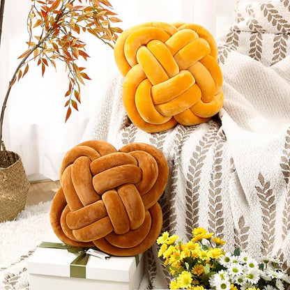 2 Pcs Knot Pillow Balls Set, 12 Inch Soft Decorative Throw Knot Pillow Ball, Large Square Knotted Floor Cushion for Living Room Bedroom Sofa Couch Bed Home Decoration (Caramel Brown, Turmeric)