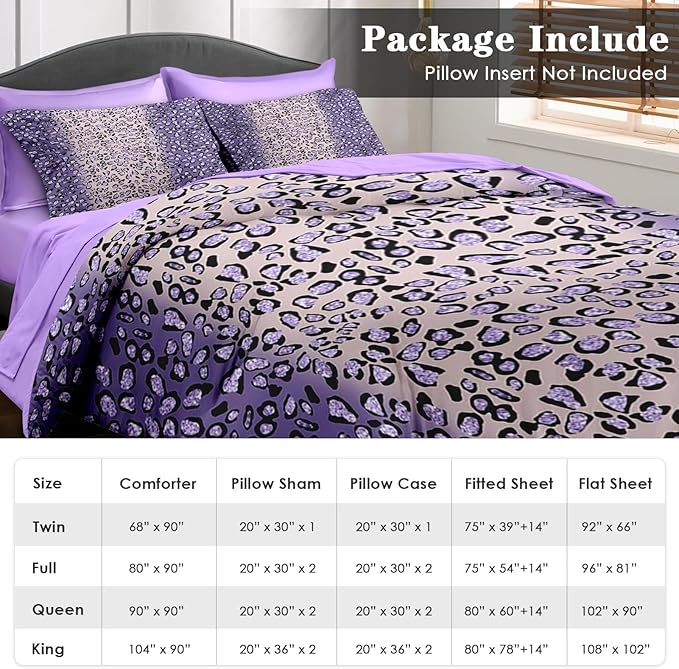 Comforter Set Full Size, Leopard Colorful Plain Purple 7 Pcs Bedding for Kids and Adults, Gold Geometric Tiger Bed Sheet Sets with Fitted Sheet 2 Pillowcases & 2 Shams for Bedroom Bed Decor