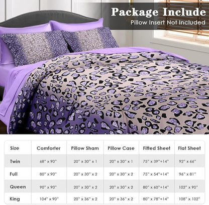Comforter Set Full Size, Leopard Colorful Plain Purple 7 Pcs Bedding for Kids and Adults, Gold Geometric Tiger Bed Sheet Sets with Fitted Sheet 2 Pillowcases & 2 Shams for Bedroom Bed Decor