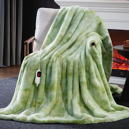 Guohaoi Heated Blanket Electric Throw, Soft Faux Rabbit Fur Electric Blanket with 10 Heating Levels 5 Sitting Timer Auto Off, Cozy Warm Heating Blankets, Machine Washable(62"×84" Light Green)