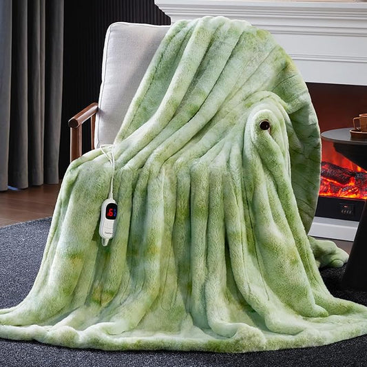 Guohaoi Heated Blanket Electric Throw, Soft Faux Rabbit Fur Electric Blanket with 10 Heating Levels 5 Sitting Timer Auto Off, Cozy Warm Heating Blankets, Machine Washable(62"×84" Light Green)