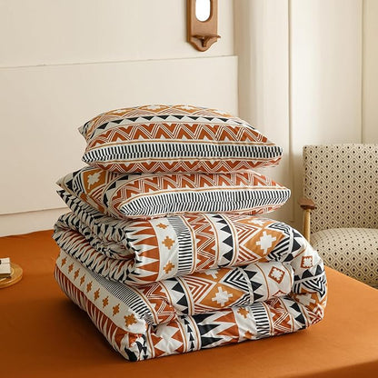 Cottonight Aztec Orange Black Comforter Set King Western Boho Bedding Comforter Set Vintage Rustic Women Men Blanket Quilts Ethnic Folkloric Bohemian Farmhouse Comforter Set King Size