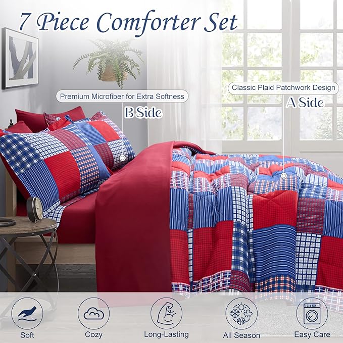 Comforter Set King Size Plaid Patchwork Comforter Bedding-7 Piece Bed in a Bag,Soft Reversible Microfiber Bedding Set(1 Comforter,1 Flat Sheet,1 Fitted Sheet,2 Pillowcases,2 Pillow Shams)Red Blue