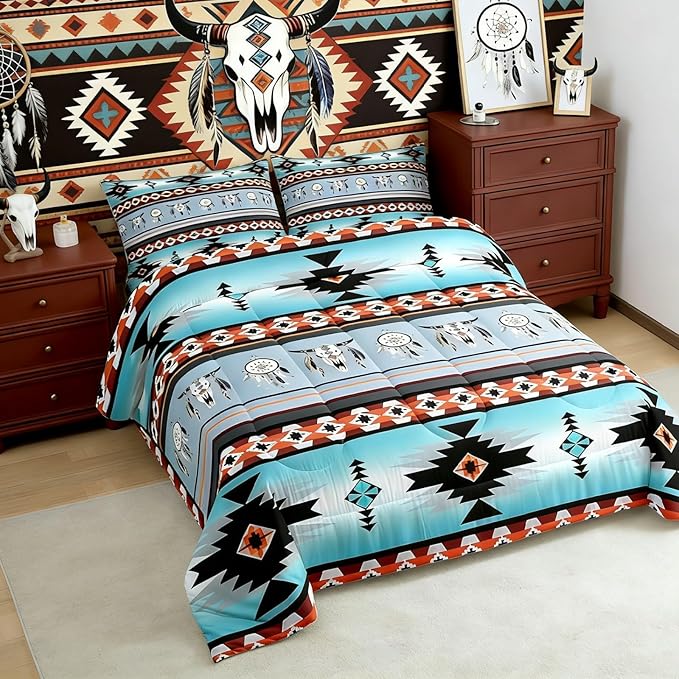 Erosebridal Western Bedding Sets Queen, Exotic Bull Skull Comforter Set, Dream Catchers Tribe Feather Duvet Insert, Southwestern Quilt With Animals, Boho Aztec Decor - Blue, Teal, Orange