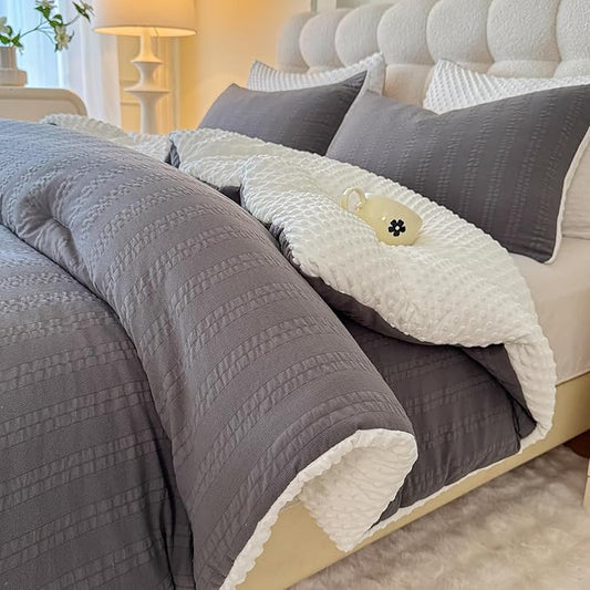 Boho Comforter Set Full Size Striped Pleats Bohemian Seersucker Bedding Set All Season Soft Cozy 3 Pieces Quilt with 2 Pillowcases(80"X90" Dark Grey)