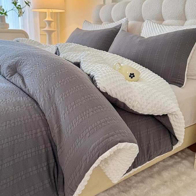 Boho Comforter Set Queen Size Striped Pleats Bohemian Seersucker Bedding Set All Season Soft Cozy 3 Pieces Quilt with 2 Pillowcases(90"X90" Dark Grey)