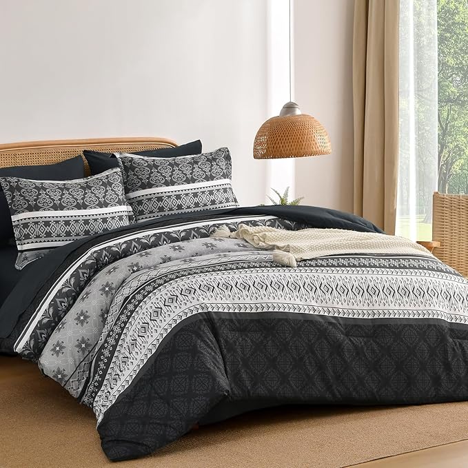Boho Comforter Set Queen Size,7 Pieces Bohemian Comforter Bedding Set Bed in a Bag,Dark Grey Paisley Floral Comfortet and Sheet Set,Soft Gray Striped Bedding Sets for All Season