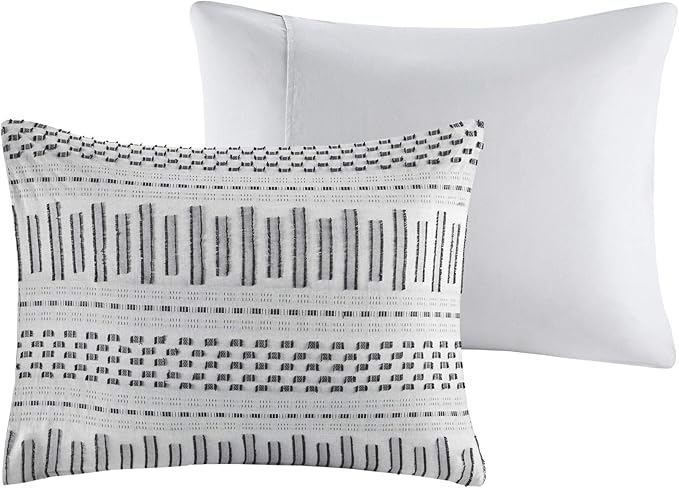 INK+IVY Rhea 100% Cotton Duvet Set Mid Century Modern Boho Design, All Season Comforter Cover Bedding Set, Matching Shams, Full/Queen, Geometric Clipped Jacquard Grey 3 Piece