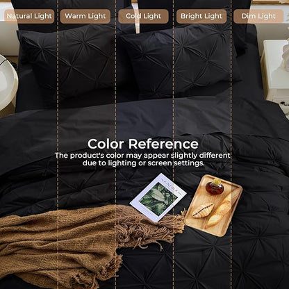 Sasttie California King Comforter Set, 7-Piece Bed in a Bag, Pintuck Bedding Sets for All Season, Includes Comforter, Flat Sheet, Fitted Sheet, Pillowcases and Pillowshams, Black