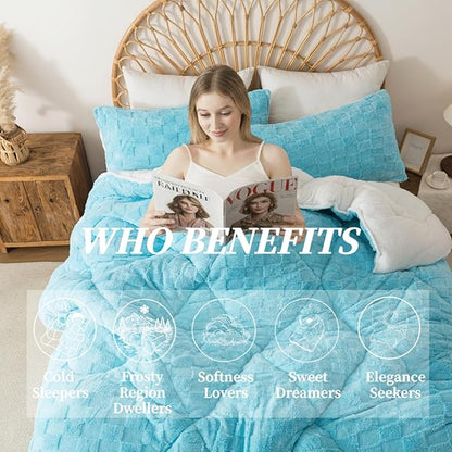 ELNIDO QUEEN® Fluffy Comforter Set Queen, Light Blue Winter Fleece Comforter Ultra Soft & Extra Pluffy Plush Comforter Set, Cozy Fuzzy Bed Comforter 3 Pieces (1Comforter, 2 Pillowcases),92x88 inch