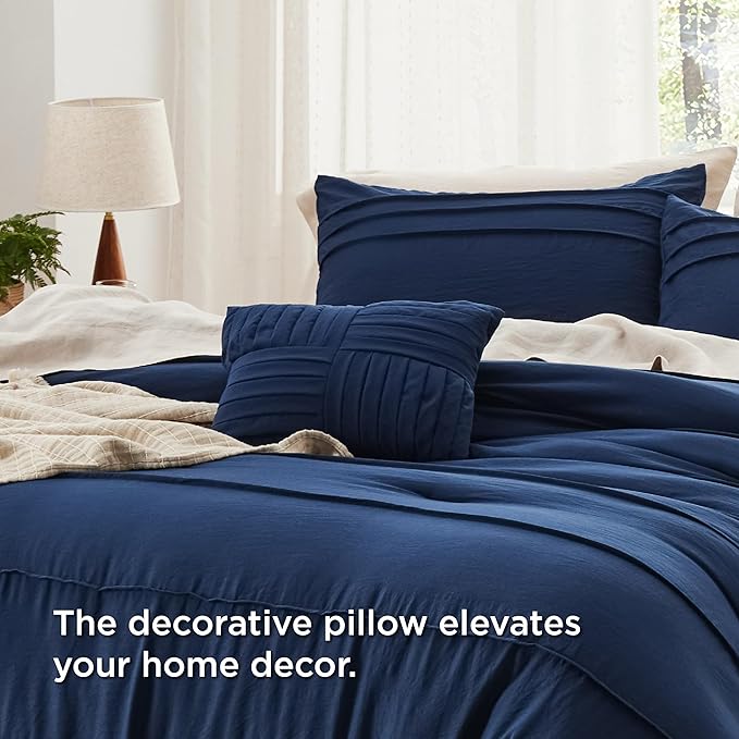 Bedsure Navy Blue Oversized Queen Comforter Set - 4 Pieces Pinch Pleat Bed Set, Down Alternative Bedding Sets for All Season, 1 Comforter, 2 Pillowcases, 1 Decorative Pillow