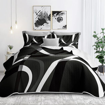 weesire Black and White Bedding Quilt Queen Size with 2 Shams, Modern Stripe Comforter Sets Classic Line Pattern Bedspreads Grey and White Coverlet, 90''x96''