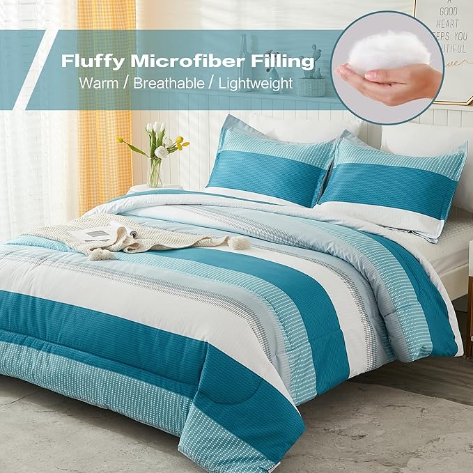 Litanika Queen Comforter Set White Teal - 3 Pieces Lightweight Fluffy Bedding Comforter Sets, All Season Down Alternative Comforter (1 Comforter, 2 Pillowcases)