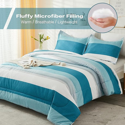 Litanika Full Comforter Set White Teal - 3 Pieces Lightweight Fluffy Bedding Comforter Sets, All Season Down Alternative Comforter (1 Comforter, 2 Pillowcases)