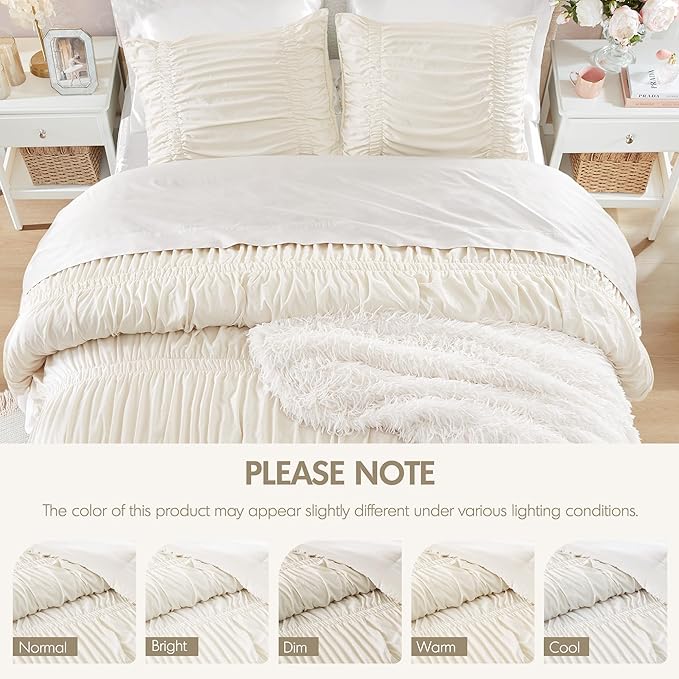 Intelligent Design Ruched Shabby Chic Comforters for King Size Bed, All Season Lightweight Comforter King, French Country Bedding Set, Sham, Ella, King/Cal King, Ivory, 3 Piece