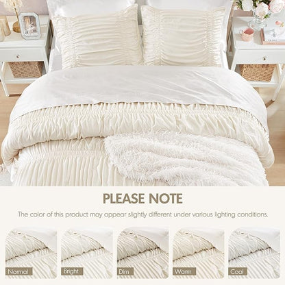 Intelligent Design Ruched Shabby Chic Comforters for King Size Bed, All Season Lightweight Comforter King, French Country Bedding Set, Sham, Ella, King/Cal King, Ivory, 3 Piece