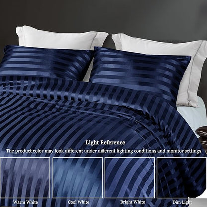Whale Flotilla 3-Piece Reversible Silky Soft Queen Comforter Set, Luxury Stripe Satin Comforters Full Size Bedding Set with 2 Satin Pillowcases, Lightweight Duvet for All Seasons, Navy