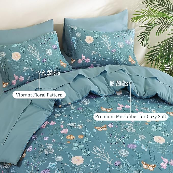 Yiran King Size Comforter Set, 7 Pieces Mineral Blue Floral Soft Bedding Sets, King Bed in a Bag Botanical Flowers All Season Comforter, Sheets, Pillowcases & Shams