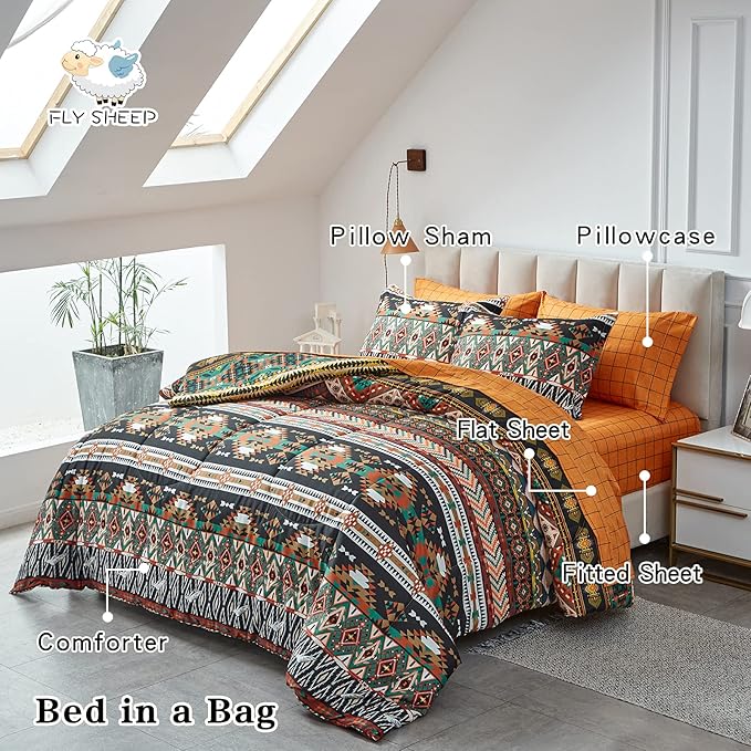 Flysheep Boho Bed in a Bag 6 Pieces Twin for Kids, Southwestern Bohemian Tribal Striped Printed, Reversible Bed Comforter Set (1 Comforter, 1 Flat Sheet, 1 Fitted Sheet, 2 Pillow Shams, 1 Pillowcase)