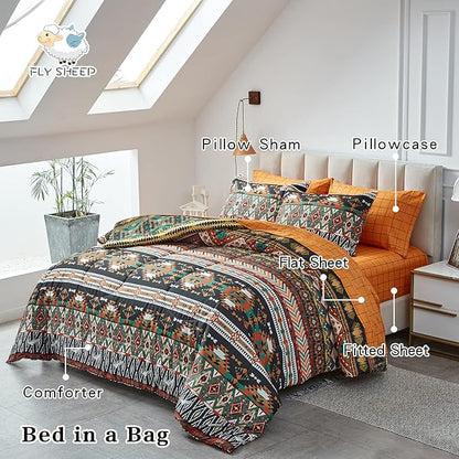 Flysheep Boho Bed in a Bag 6 Pieces Twin for Kids, Southwestern Bohemian Tribal Striped Printed, Reversible Bed Comforter Set (1 Comforter, 1 Flat Sheet, 1 Fitted Sheet, 2 Pillow Shams, 1 Pillowcase)