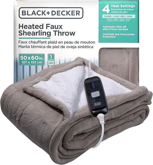 BLACK+DECKER Heated Blanket Electric Throw, Faux Shearling Electric Blanket, Heating Blanket with 4 Heating Levels, 3H Timer, Auto Shutoff, Fast Heating (50x60 inches, Grey)