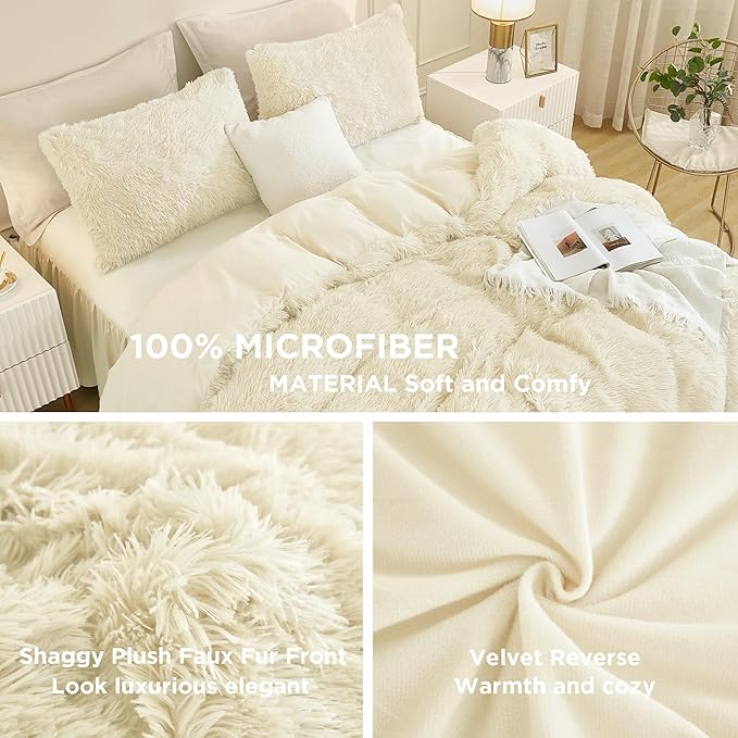 Andency Faux Fur Beige Comforter Set Queen Size, 3 Pieces Fluffy Fuzzy Plush Bedding Comforter Set (1 Shaggy Velvet Comforter & 2 Pillowcases), Soft Puffy Comfy Down Alternative Comforter Bedding Set