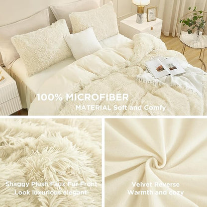 Andency Faux Fur Beige Comforter Set Queen Size, 3 Pieces Fluffy Fuzzy Plush Bedding Comforter Set (1 Shaggy Velvet Comforter & 2 Pillowcases), Soft Puffy Comfy Down Alternative Comforter Bedding Set